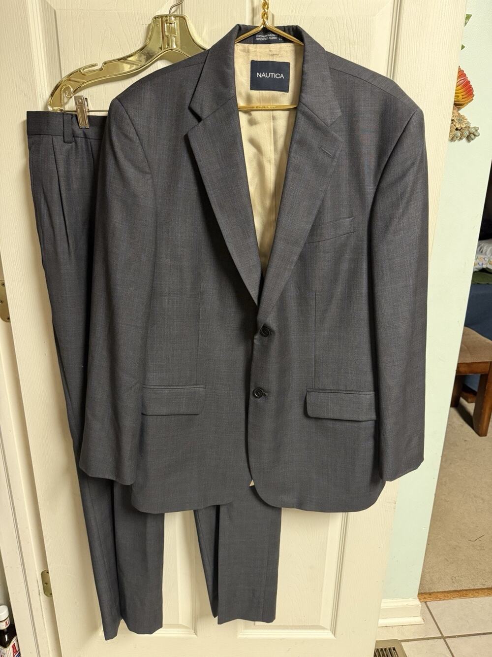 Nautica Wool Gray Blue Strip 2Pc Set Suit 44r Jacket Pants 38x30 Hole 90s Y2k